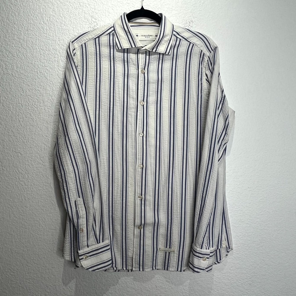 Tintoria Mattei 954 Dress Shirt Mens 15.5 39 White Blue Striped Slim Fit Italy